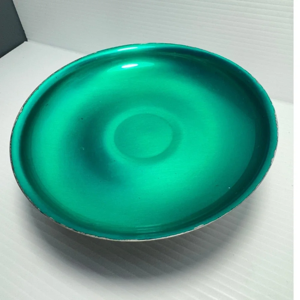 Vintage MCM Emerald Green Enamel Pedestal Bowl Silver Tone Metal Compote Dish
